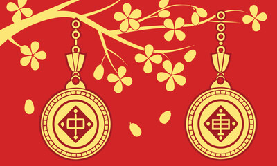 Two golden ornaments with Chinese characters dangle gracefully from a golden flowering branch against red