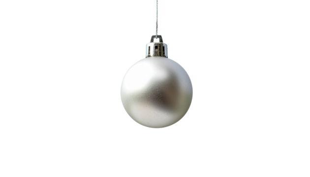 A silver christmas ornament, round and shiny, hanging from a string with a metal top, isolated on white
