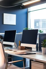 Fototapeta premium Two Desktops White Desks Modern Office Blue Walls computers