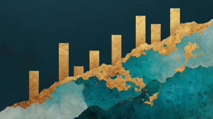 Abstract artistic representation of a financial growth chart with increasing golden bars on a textured blue and white background.