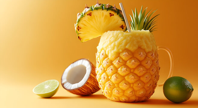 Refreshing tropical pineapple cocktail served in a hollowed pineapple with coconut and lime garnishes against a warm orange background - Powered by Adobe