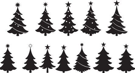 Obraz premium Black Christmas Tree Silhouettes with Stars and Ornaments