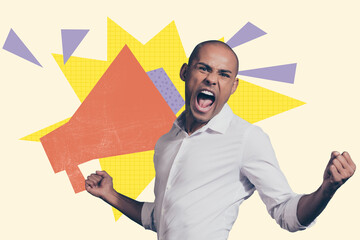 Trend artwork template design 3d collage sketch of young man angry scream loudspeaker strike human...