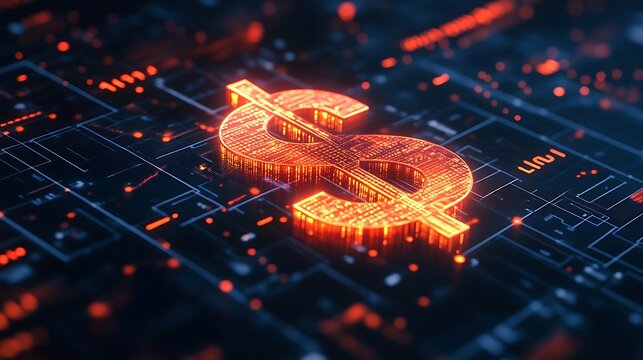 Glowing digital dollar symbol on circuit board isolated on white background