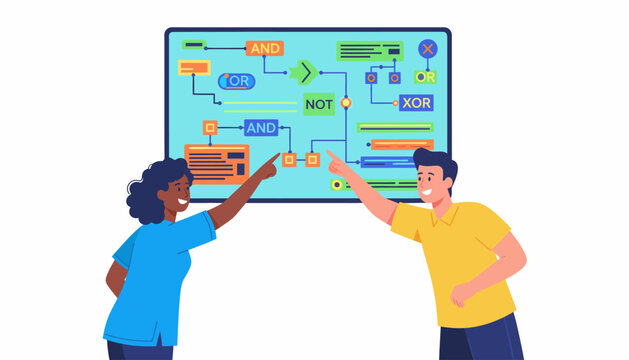 Developers Analyzing Boolean Logic Flowchart