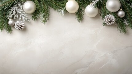 Christmas festive background with fir branches and white ornaments on light marble texture table