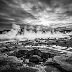 Geothermal landscape with rising steam from hot springs and cracked earth in monochrome