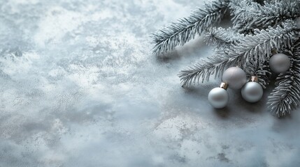 Frozen Christmas background with snowy pine branch and silver ornaments for festive holiday design