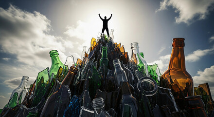 A silhouette of a person stands triumphantly on a pile of empty glass bottles against a bright sky. The scene symbolizes overcoming alcohol addiction and recovery.