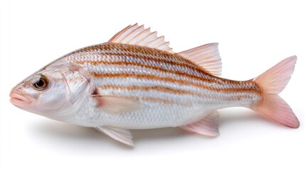 A pristine wild river fish with silver scales and prominent orange stripes, its fins gently fanned out against a clean white background highlighting its aquatic beauty.