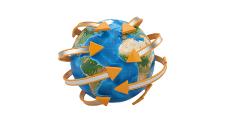 Globe showing continents and oceans with arrows circling around video 4k