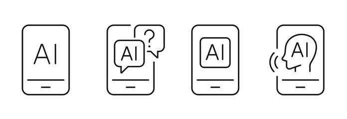 AI smartphone app thin line icons set. Artificial intelligence Chatbot on smartphone screen. Editable stroke. Vector