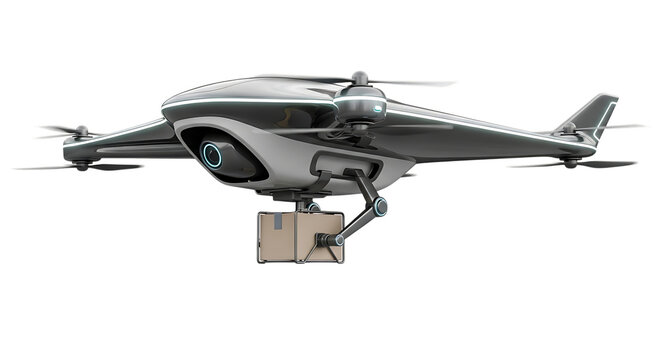 A futuristic delivery drone carrying a package on a black background video 4k
