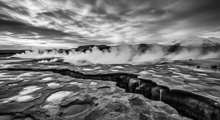 Cracked earth and geothermal steam vents in a dramatic monochrome landscape