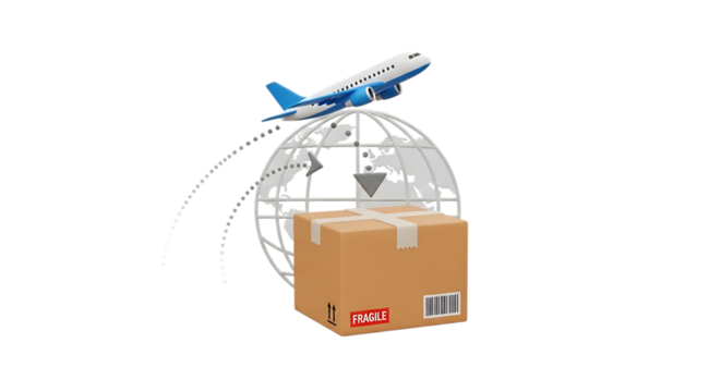 Airplane flying over globe with box on black background image video 4k