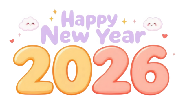 Happy New Year 2026 with Inflated Balloon Numbers isolated on transparent background. Playful Cartoonish Celebration Graphic. Purple Bubbly Font with Stars.