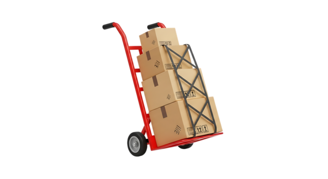 Red hand truck carrying stacked cardboard boxes on black background video 4k