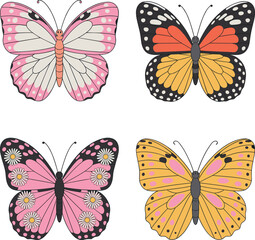 Colorful butterfly illustration set with pink, orange, and yellow wings, decorative pattern design for spring, nature, and art projects