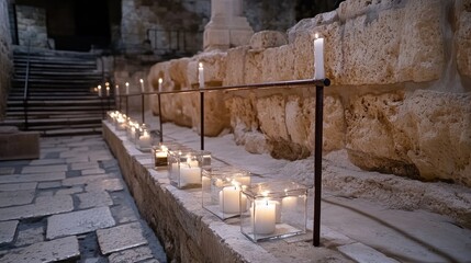 Warm candlelight glows from glass boxes at the Western Wall, creating a serene atmosphere in Jerusalem
