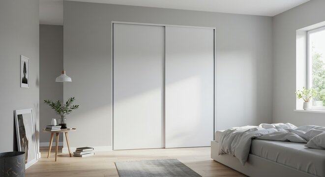 明るい自然光が心地よく差し込む広々としたモダンな寝室白い引き戸クローゼットが清潔感と洗練されたミニマリストな空間を演出する. AI Generated