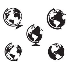 Vector art of five globes showing different continents geography concept set and bundle silhouette art vector design