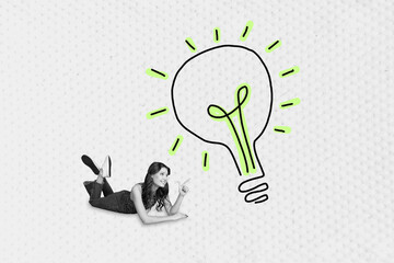 Full 3d image zine pop trend collage of happy girl lay light bulb idea finding blackout power led plan development concept
