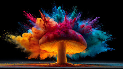 Vivid mushroom cloud formed by bold colored powder bursts against a dark studio backdrop with glow!!