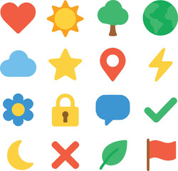 A set of vibrant flat vector icons featuring weather, nature, and daily life elements. Perfect for apps, websites, infographics, and modern UI design with a clean minimal look.