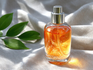 Glittering orange perfume bottle reflecting sunlight