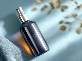 Skincare product bottle mockup on light blue background