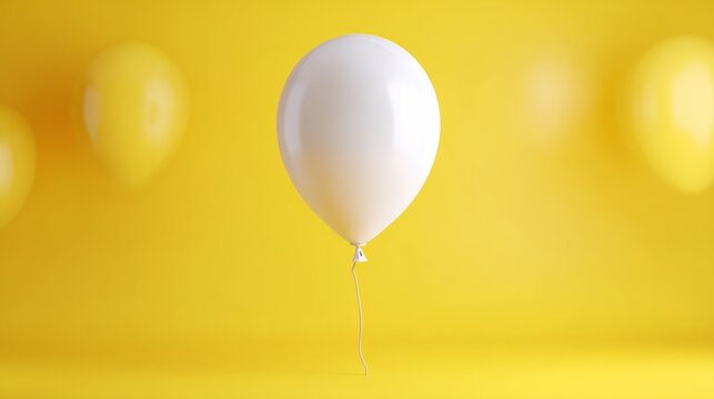 White balloon floating against a vibrant yellow background, surrounded by soft-focus yellow balloons, creating a cheerful and festive atmosphere, perfect for celebrations and joyful occasions