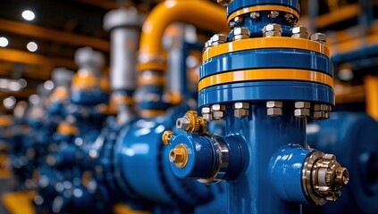 Close-up of industrial pipeline valves and fittings, showcasing intricate details and vibrant blue and yellow color scheme