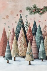 Patterned Christmas trees with stripes on soft snowy background, featuring pine branch for natural elegance, perfect for holiday home decor and travel accessories