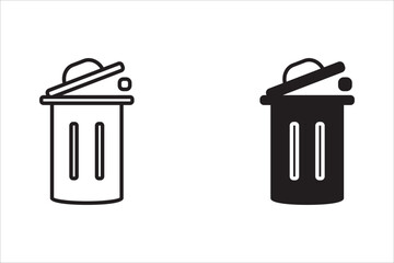 A set of two icons, line and solid, depicting a trash can, or garbage bin, with the lid open, and a small piece of trash, representing waste, recycling, clean up, and digital delete function.