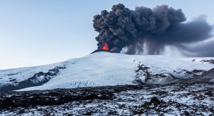 Volcano erupting with a massive ash cloud over a snow covered mountain landscape