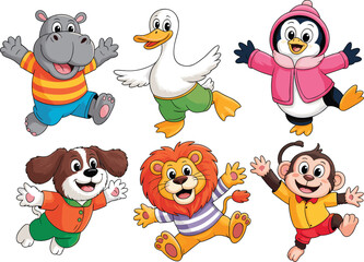 Cute cartoon animals jumping happily illustration, funny zoo characters including lion, penguin, monkey, duck, hippo, and dog for kids design