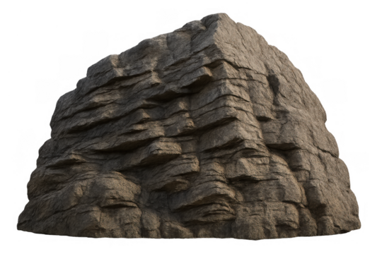 Large gray boulder showing rough layered rock texture and geological formation on transparent background