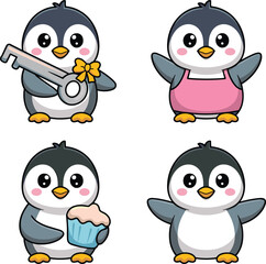 Cute cartoon baby penguins collection with different activities, holding cupcake, wearing apron, playing with key, adorable animal character set illustration