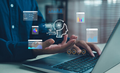 Naklejka premium Artificial intelligence and data analytics concept with digital charts, AI interface,business technology. Perfect for innovation, machine learning, big data, automation,digital transformation themes.