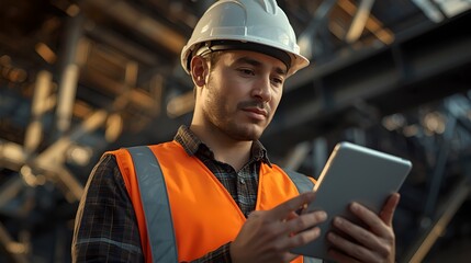 Engineer Inspecting Construction Site with Tablet

Description: Professional engineer using digital tablet to review blueprints under bright sunlight at construction site.