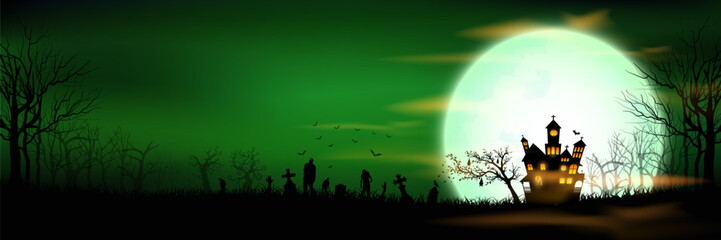 Haunted house by a full green moon with bats, zombies, crosses, and eerie trees in a misty graveyard. Ideal for Halloween banners, posters, and invites. Style vector illustration.