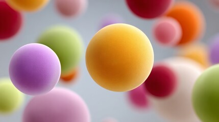 Colorful abstract spheres floating in a soft gradient background, showcasing a vibrant mix of textures and hues, creating a dynamic visual experience with a sense of depth and movement