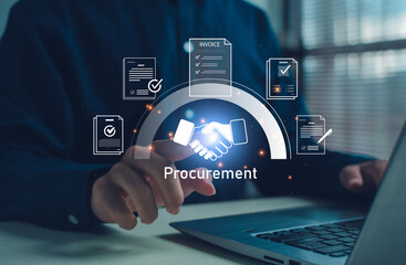Businessman using laptop with digital procurement icons showing handshake, invoice, and contract approval, representing e-procurement, supply chain automation, digital business agreement management.