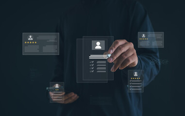 Digital recruitment and human resource management concept with businessman using stylus and smartphone to select candidate profile on virtual screen, showing resume evaluation and rating system.