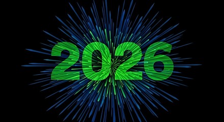 Obraz premium Bright green 2026 number glowing with explosive fireworks burst on a dark black background