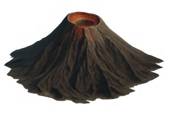Volcano cone with erupting lava flowing from the crater, isolated on transparent background, geology and disaster concept