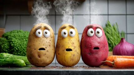 Three cartoon potatoes with expressive faces, steaming and surprised, surrounded by fresh vegetables like carrots, cucumbers, and onions, creating a playful and humorous kitchen scene