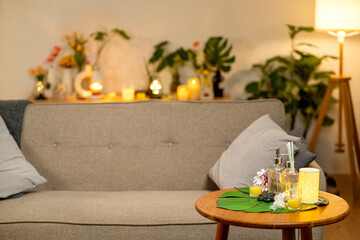 Relaxing home spa ambiance living room interior design cozy comfort decor wellness experience soft warm lighting apartment space