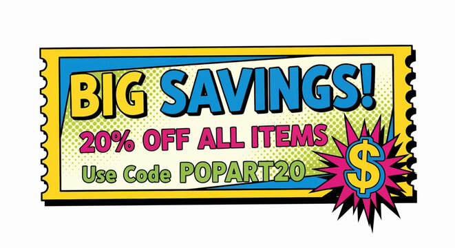 A vibrant pop art discount coupon and sale banner in a retro comic style, offering big savings as a vector illustration