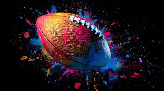 A glossy football splashed with vivid paint streaks against a dark backdrop, bursting with color.!!